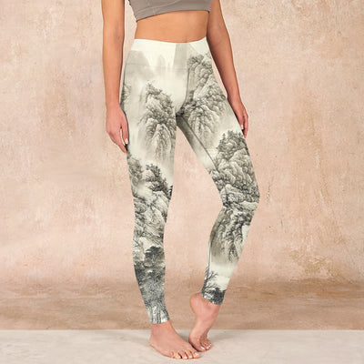 Buddha Stones Mountain Tree River Scenery Print Sports Leggings Women's Yoga Pants