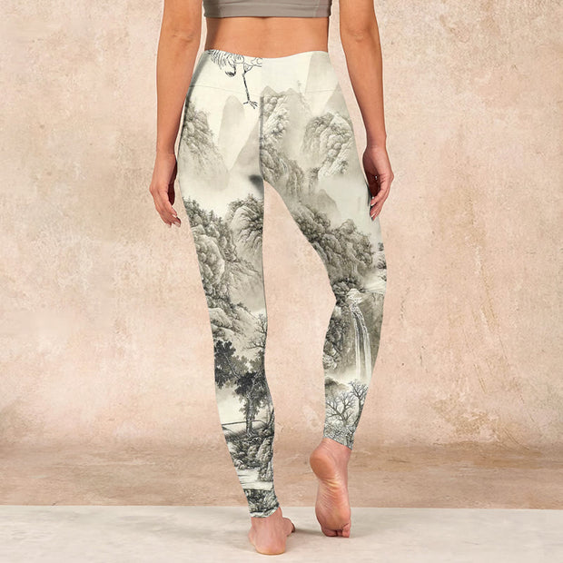 Buddha Stones Mountain Tree River Scenery Print Sports Leggings Women's Yoga Pants