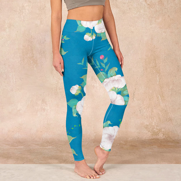 Buddha Stones Blue White Flowers Leaves Print Sports Leggings Women's Yoga Pants - DeepSkyBlue - US18，UK/AU22，EU50 (4XL) - image 1