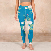 Buddha Stones Blue White Flowers Leaves Print Sports Leggings Women's Yoga Pants Leggings BS 1