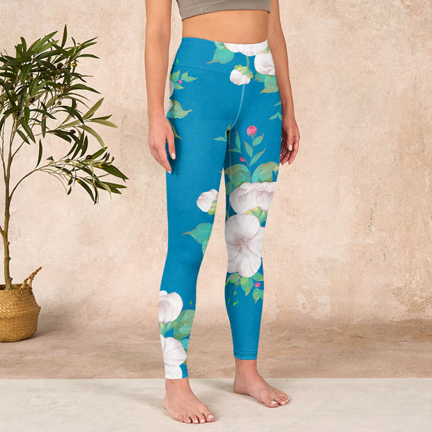 Buddha Stones Blue White Flowers Leaves Print Sports Leggings Women's Yoga Pants