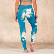 Buddha Stones Blue White Flowers Leaves Print Sports Leggings Women's Yoga Pants