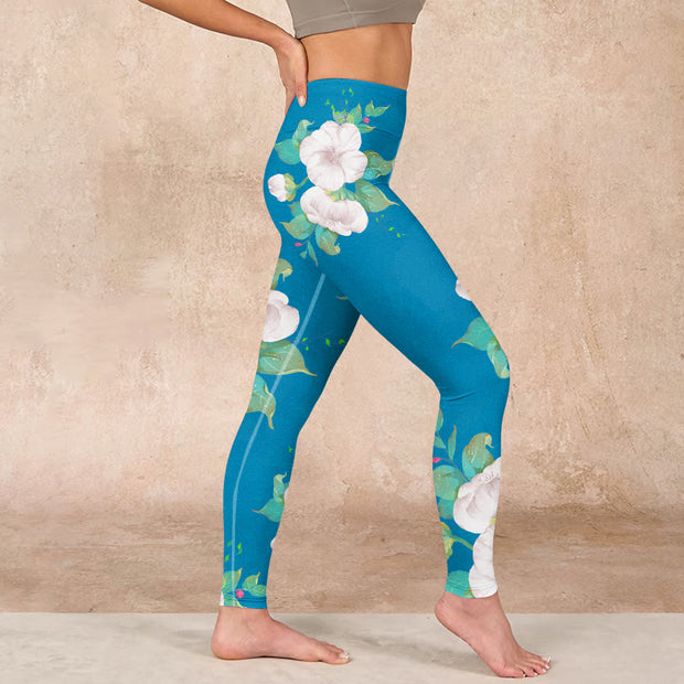 Buddha Stones Blue White Flowers Leaves Print Sports Leggings Women's Yoga Pants