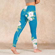 Buddha Stones Blue White Flowers Leaves Print Sports Leggings Women's Yoga Pants