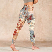 Buddha Stones Beige Red Grey Abstract Design Print Exercise Leggings Women's Yoga Pants