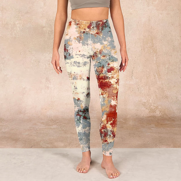 Buddha Stones Beige Red Grey Abstract Design Print Exercise Leggings Women's Yoga Pants