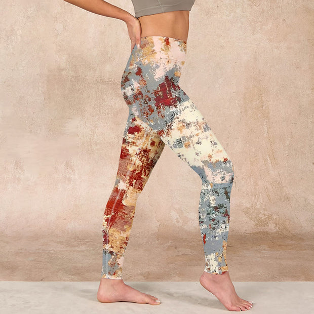 Buddha Stones Beige Red Grey Abstract Design Print Exercise Leggings Women's Yoga Pants Leggings BS 17