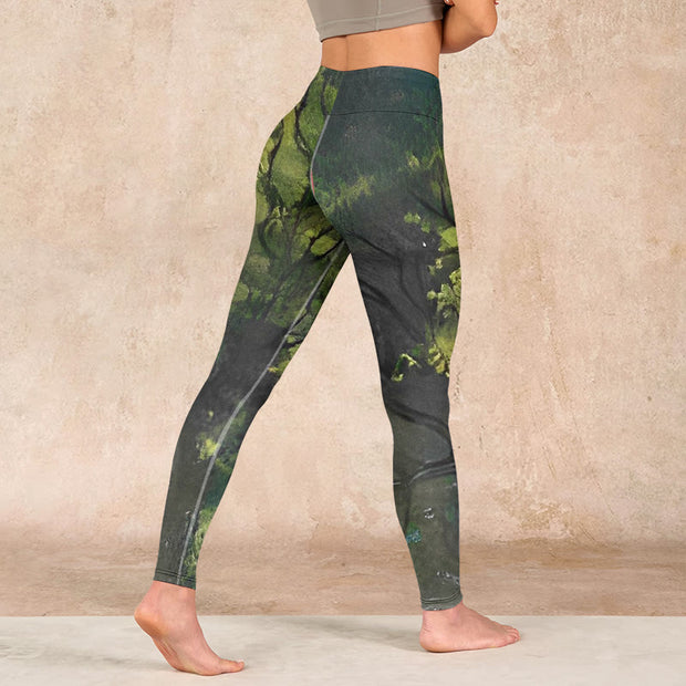 Buddha Stones ForestGreen Leaves Black Lines Print Exercise Leggings Women's Yoga Pants - image 5