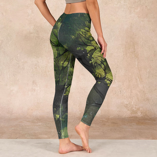 Buddha Stones ForestGreen Leaves Black Lines Print Exercise Leggings Women's Yoga Pants - image 3