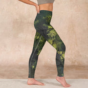 Buddha Stones ForestGreen Leaves Black Lines Print Exercise Leggings Women's Yoga Pants