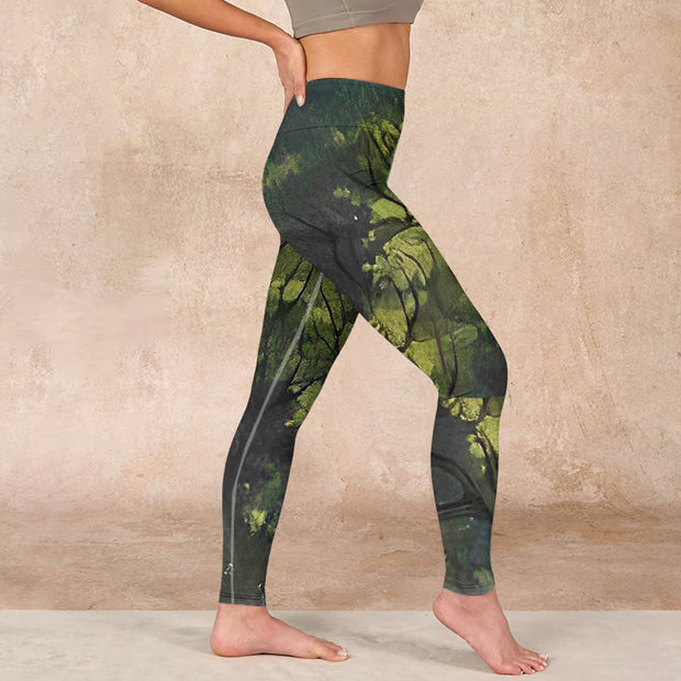 Buddha Stones ForestGreen Leaves Black Lines Print Exercise Leggings Women's Yoga Pants Leggings BS 17