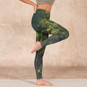 Buddha Stones ForestGreen Leaves Black Lines Print Exercise Leggings Women's Yoga Pants Leggings BS 16