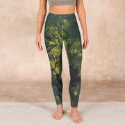 Buddha Stones ForestGreen Leaves Black Lines Print Exercise Leggings Women's Yoga Pants