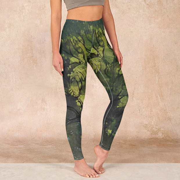 Buddha Stones ForestGreen Leaves Black Lines Print Exercise Leggings Women's Yoga Pants - ForestGreen - US18，UK/AU22，EU50 (4XL) - image 1