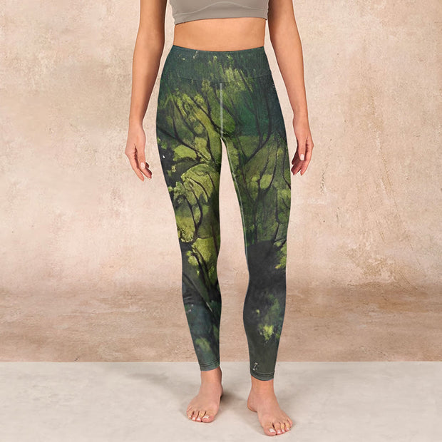 Buddha Stones ForestGreen Leaves Black Lines Print Exercise Leggings Women's Yoga Pants Leggings BS 1