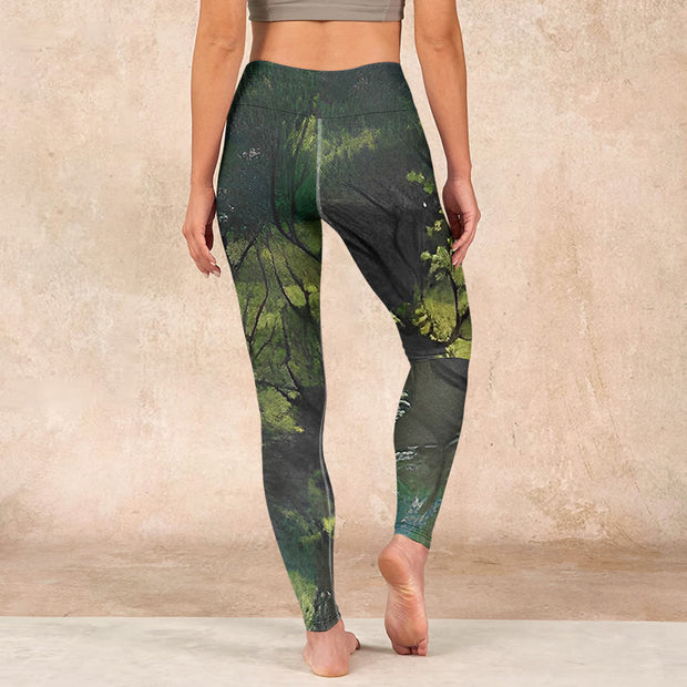 Buddha Stones ForestGreen Leaves Black Lines Print Exercise Leggings Women's Yoga Pants - image 15