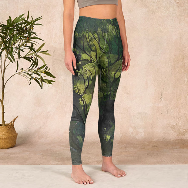 Buddha Stones ForestGreen Leaves Black Lines Print Exercise Leggings Women's Yoga Pants