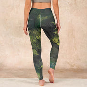 Buddha Stones ForestGreen Leaves Black Lines Print Exercise Leggings Women's Yoga Pants Leggings BS 15