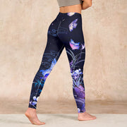 Buddha Stones Midnight Blue Flower Purple Butterfly Exercise Leggings Women's Yoga Pants Leggings BS 4