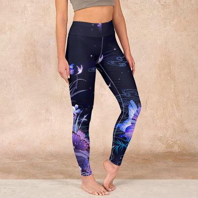 Buddha Stones Midnight Blue Flower Purple Butterfly Exercise Leggings Women's Yoga Pants - MidnightBlue - US18，UK/AU22，EU50 (4XL) - image 1
