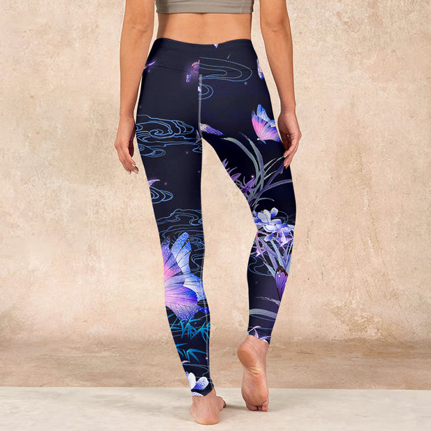 Buddha Stones Midnight Blue Flower Purple Butterfly Exercise Leggings Women's Yoga Pants Leggings BS 15