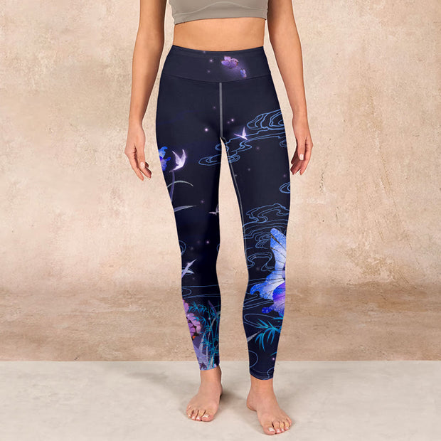 Buddha Stones Midnight Blue Flower Purple Butterfly Exercise Leggings Women's Yoga Pants Leggings BS 1