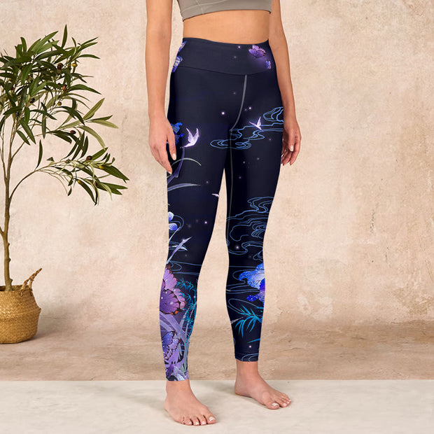 Buddha Stones Midnight Blue Flower Purple Butterfly Exercise Leggings Women's Yoga Pants Leggings BS 3