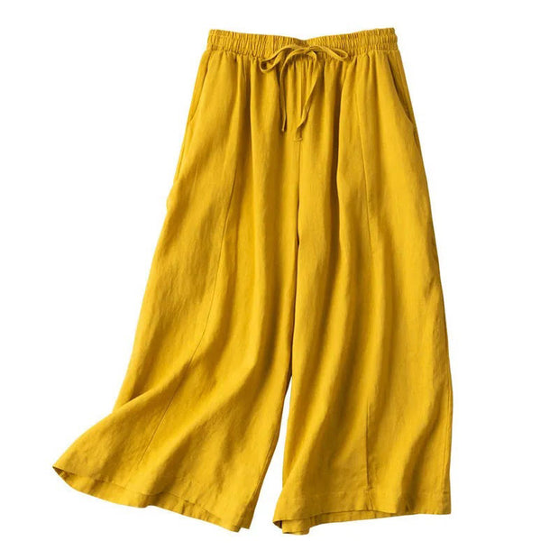 Buddha Stones Plain Color Cropped Pants Cotton Linen Women's Wide Leg Pants With Pockets Women's Wide Leg Pants BS 4