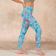 Buddha Stones Blue Red Flowers Leaves Print Gym Leggings Women's Yoga Pants