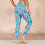 Buddha Stones Blue Red Flowers Leaves Print Gym Leggings Women's Yoga Pants