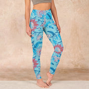 Buddha Stones Blue Red Flowers Leaves Print Gym Leggings Women's Yoga Pants