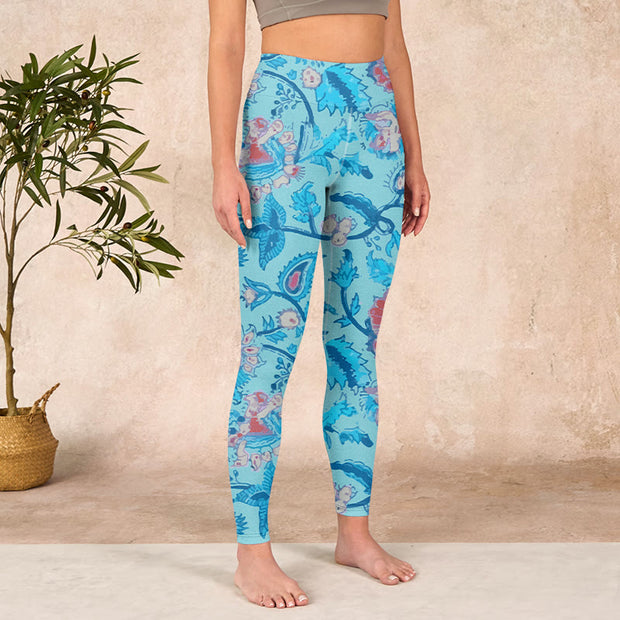 Buddha Stones Blue Red Flowers Leaves Print Gym Leggings Women's Yoga Pants