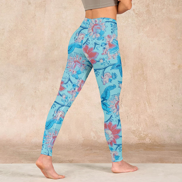 Buddha Stones Blue Red Flowers Leaves Print Gym Leggings Women's Yoga Pants - image 5