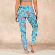 Buddha Stones Blue Red Flowers Leaves Print Gym Leggings Women's Yoga Pants Leggings BS 15