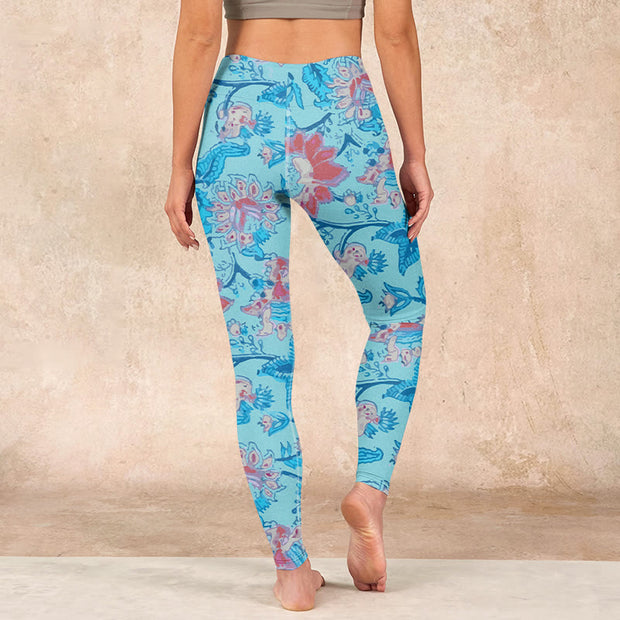 Buddha Stones Blue Red Flowers Leaves Print Gym Leggings Women's Yoga Pants - image 15