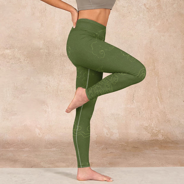 Buddha Stones Green Auspicious Cloud Waves Print Gym Leggings Women's Yoga Pants