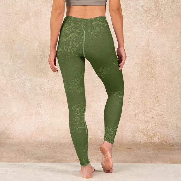 Buddha Stones Green Auspicious Cloud Waves Print Gym Leggings Women's Yoga Pants Leggings BS 15