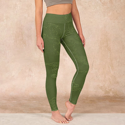 Buddha Stones Green Auspicious Cloud Waves Print Gym Leggings Women's Yoga Pants