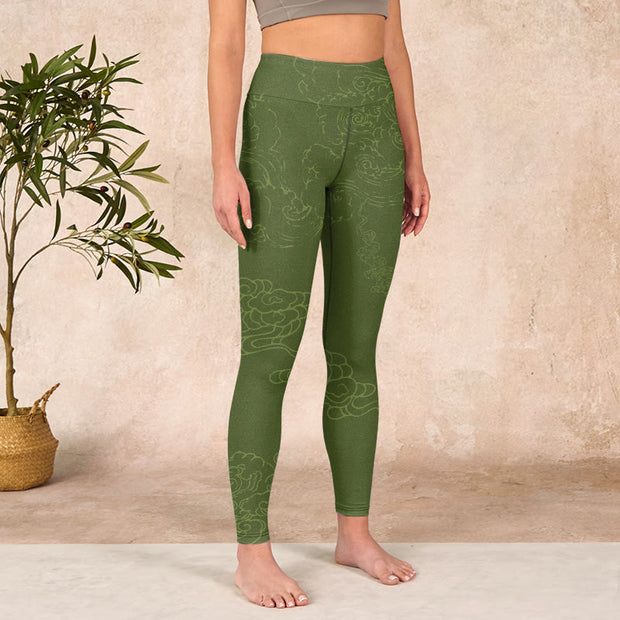 Buddha Stones Green Auspicious Cloud Waves Print Gym Leggings Women's Yoga Pants - image 4