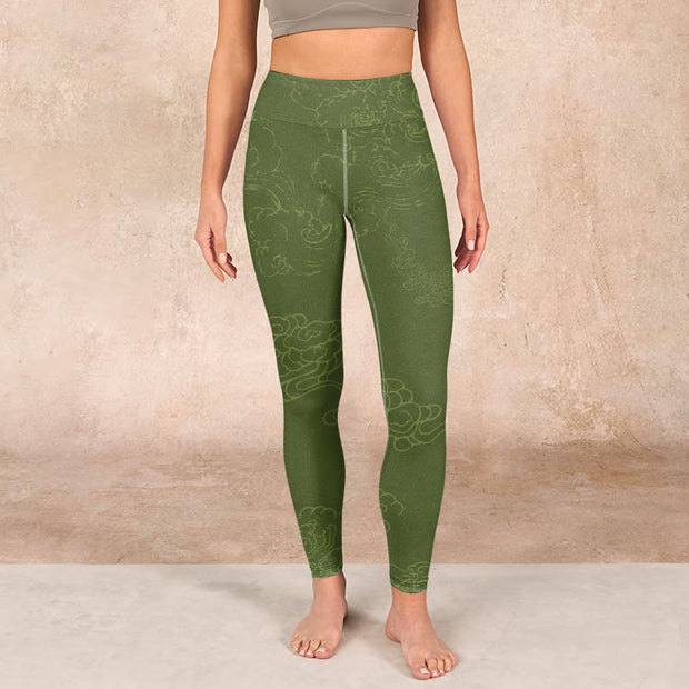 Buddha Stones Green Auspicious Cloud Waves Print Gym Leggings Women's Yoga Pants Leggings BS 1