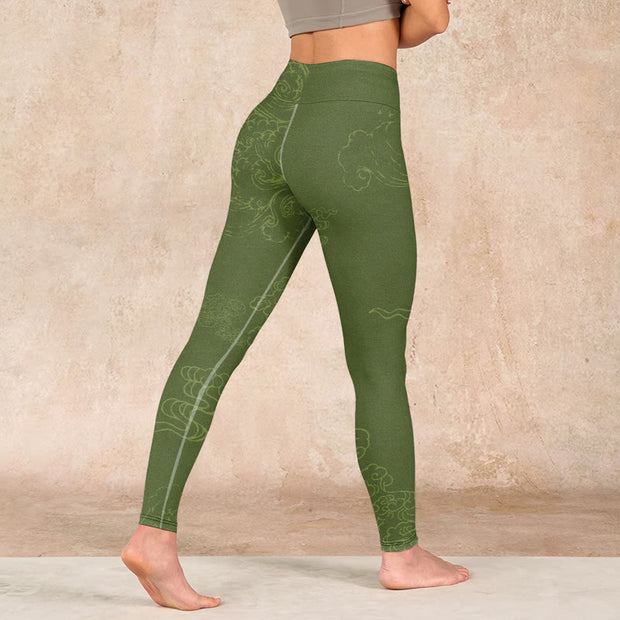 Buddha Stones Green Auspicious Cloud Waves Print Gym Leggings Women's Yoga Pants - image 5