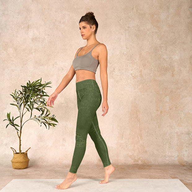 Buddha Stones Green Auspicious Cloud Waves Print Gym Leggings Women's Yoga Pants