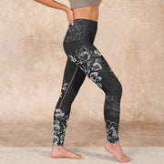 Buddha Stones Gray Peony Rose Flower Sketch Print Gym Fitness Leggings Women's Yoga Pants