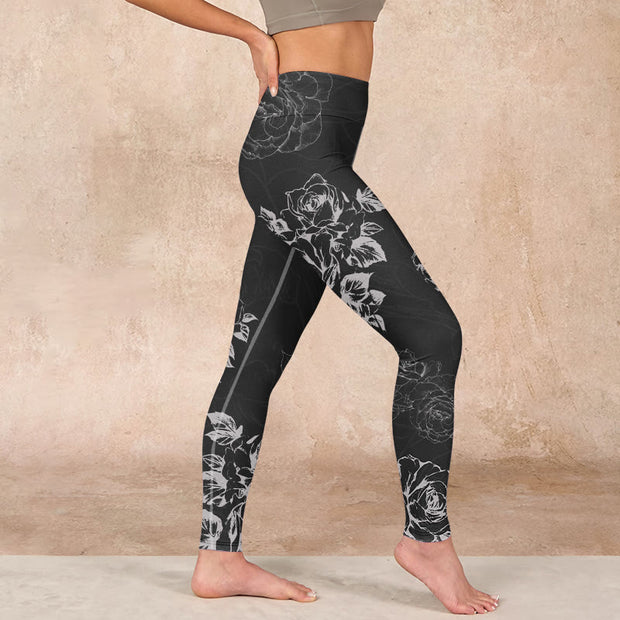 Buddha Stones Gray Peony Rose Flower Sketch Print Gym Fitness Leggings Women's Yoga Pants