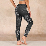 Buddha Stones Gray Peony Rose Flower Sketch Print Gym Fitness Leggings Women's Yoga Pants