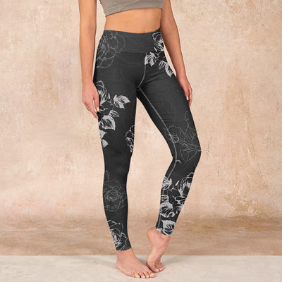 Buddha Stones Gray Peony Rose Flower Sketch Print Gym Fitness Leggings Women's Yoga Pants