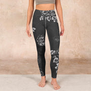 Buddha Stones Gray Peony Rose Flower Sketch Print Gym Fitness Leggings Women's Yoga Pants