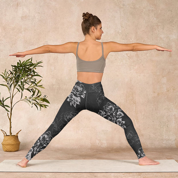 Buddha Stones Gray Peony Rose Flower Sketch Print Gym Fitness Leggings Women's Yoga Pants - image 11