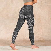 Buddha Stones Gray Peony Rose Flower Sketch Print Gym Fitness Leggings Women's Yoga Pants Leggings BS 3