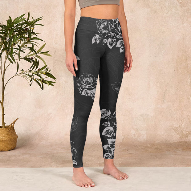 Buddha Stones Gray Peony Rose Flower Sketch Print Gym Fitness Leggings Women's Yoga Pants - image 5